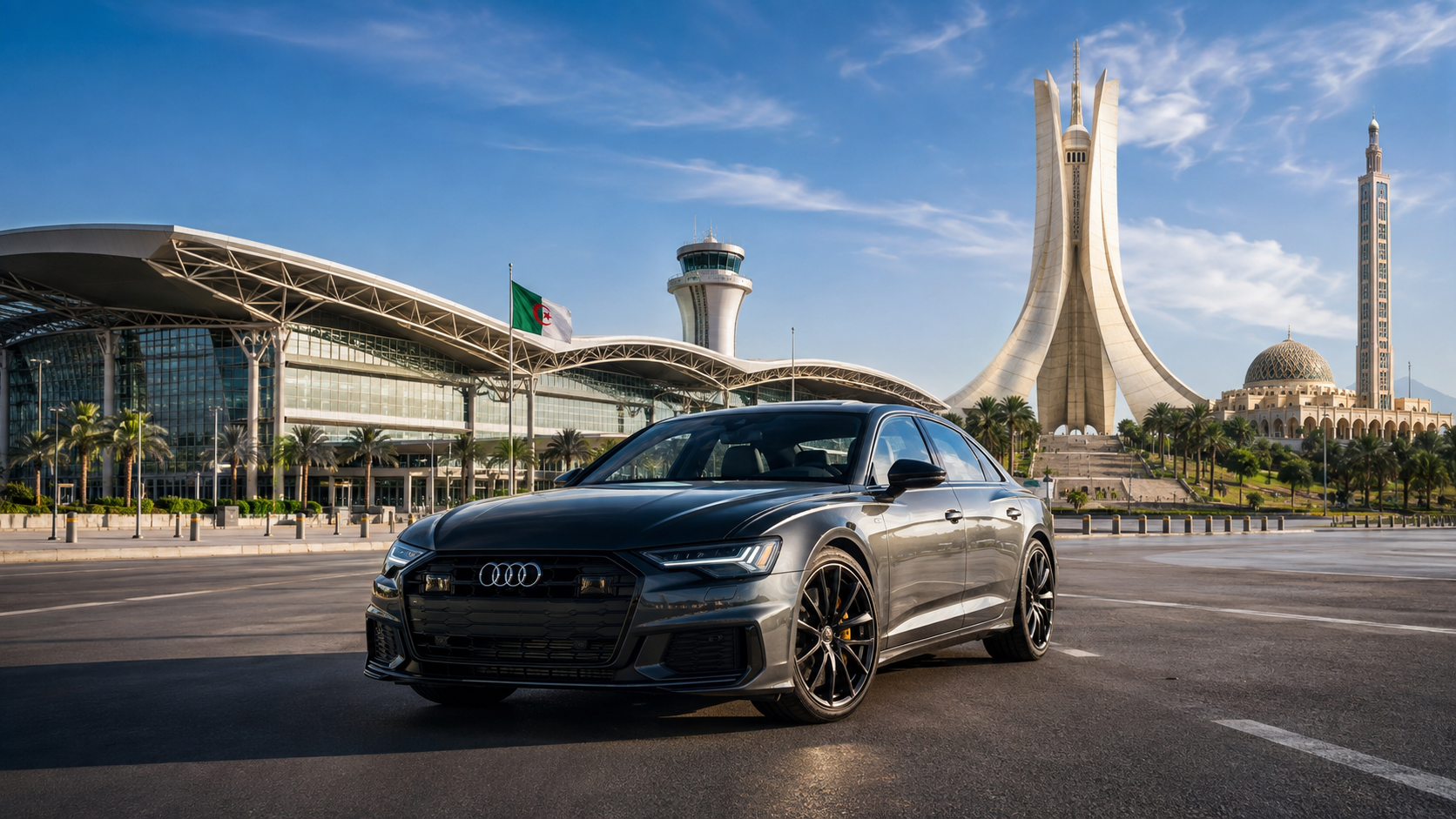 Audi noire devant les monuments d’Alger de jour