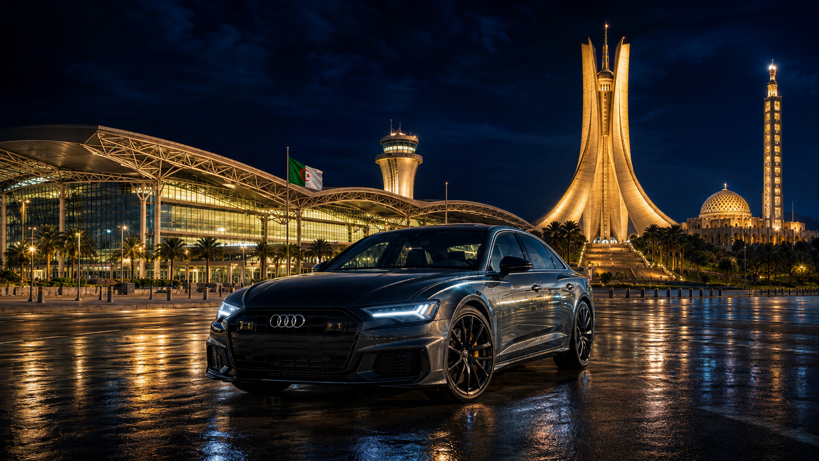 Audi noire devant les monuments d’Alger de nuit